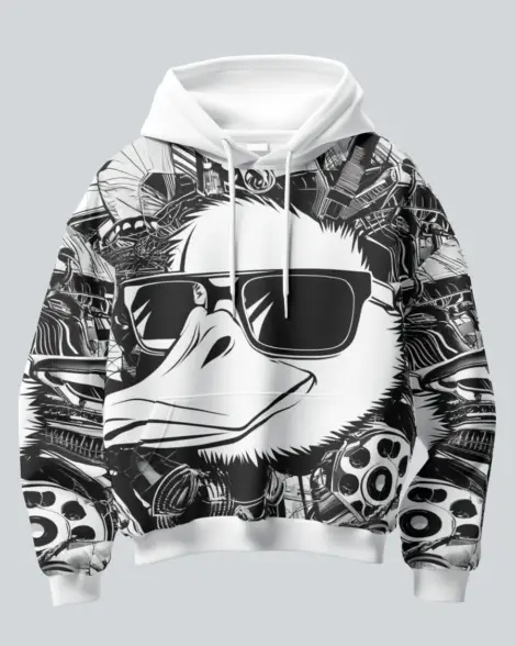 Duck Down hoodie front view featuring duck feather design